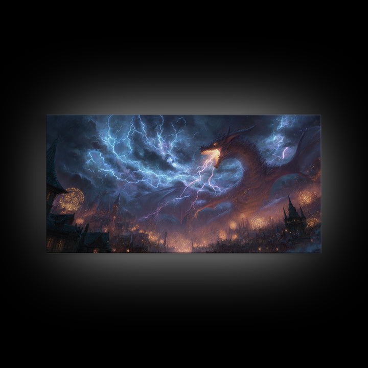 Lightning Dragon Over Gothic City Wall Art, Dark Fantasy Canvas, Stormy Castle Decor, Epic Dragon Print, Gamer Gift, Fantasy Decor