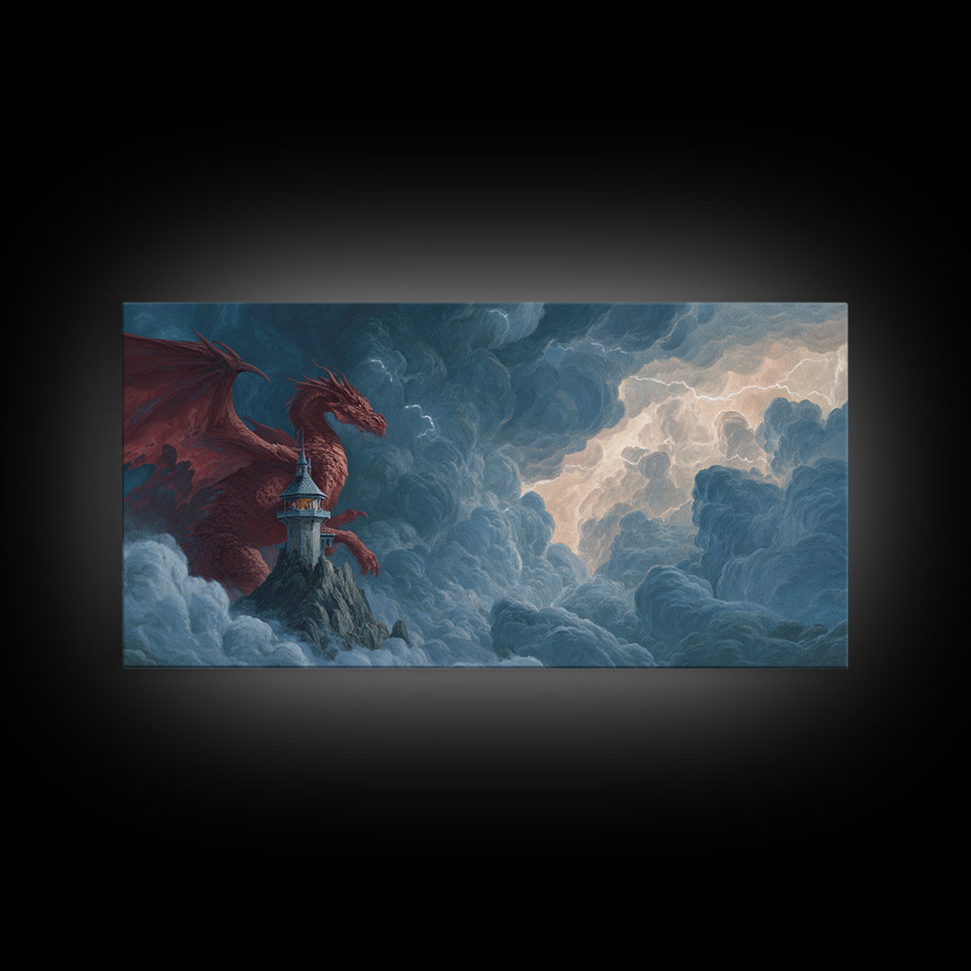 Red Dragon Lighthouse In Storm Clouds Canvas Print, Epic Fantasy Wall Decor, Mythical Creature Art, Dungeons And Dragons Gift