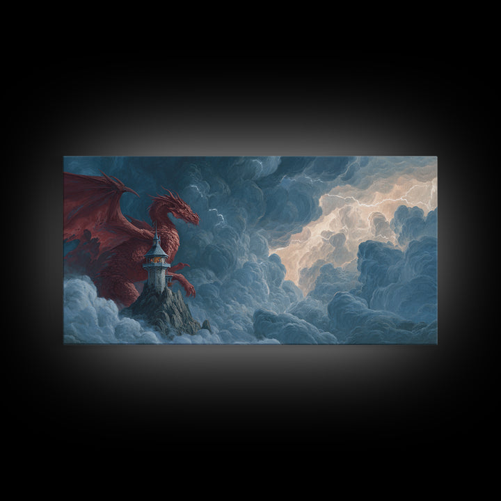 Red Dragon Lighthouse In Storm Clouds Canvas Print, Epic Fantasy Wall Decor, Mythical Creature Art, Dungeons And Dragons Gift