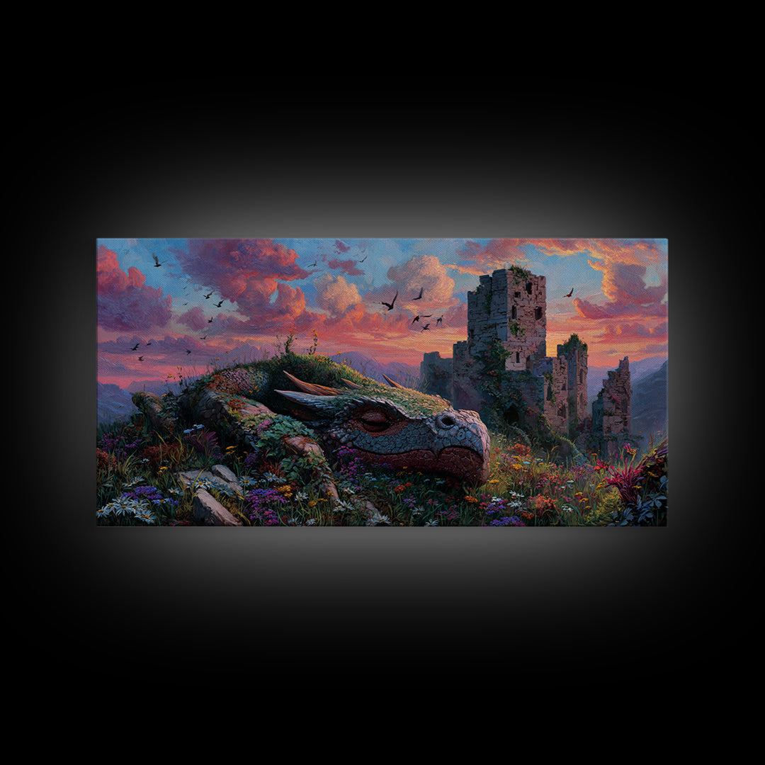 Sleeping Dragon Among Wildflowers Framed Canvas Print, Fantasy Wall Art, Whimsical Decor, Nursery Art, Enchanted Castle Art