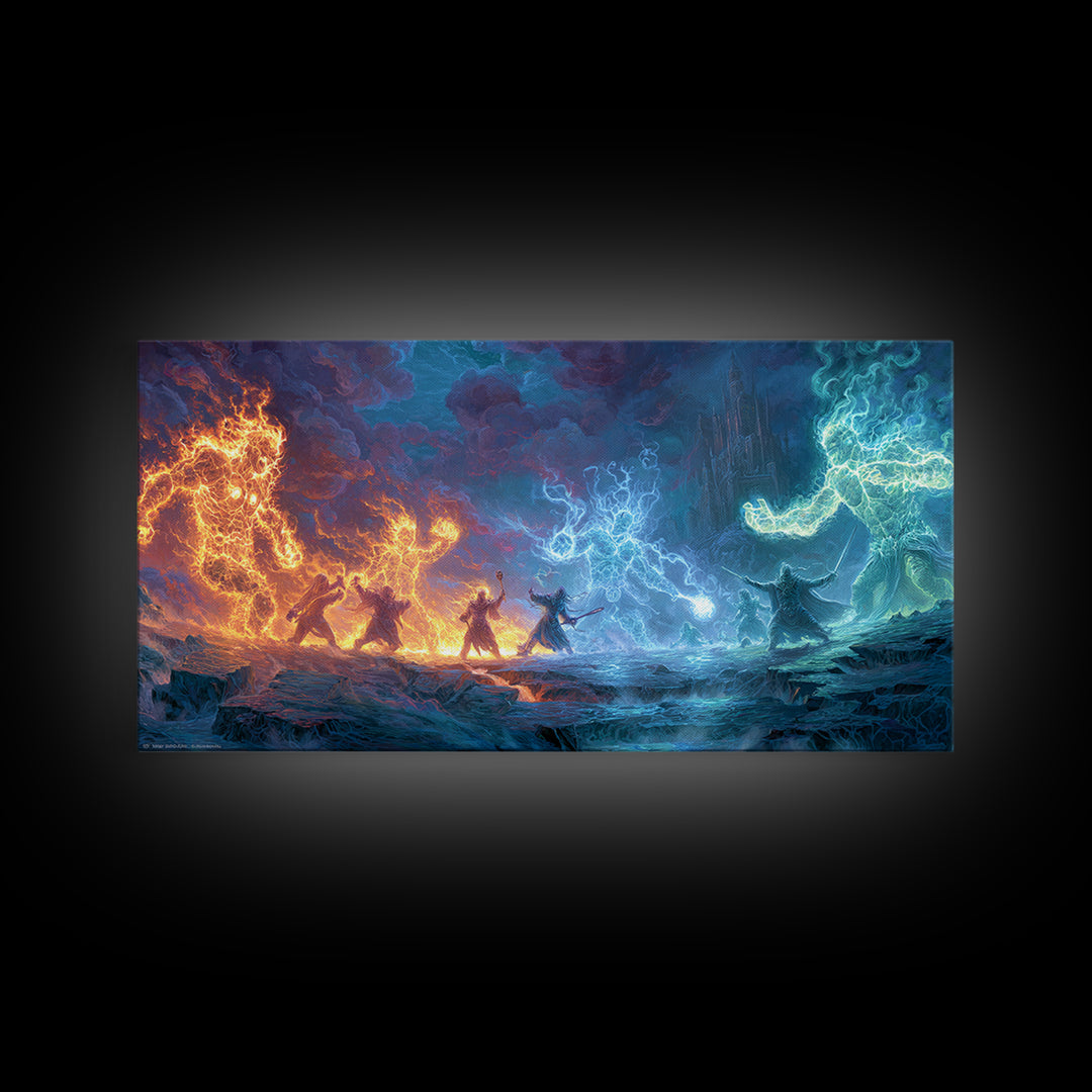 Elemental Dragon Battle Canvas Print, Fire And Ice Fantasy Wall Art, Epic Magic Warrior Decor, RPG Gamer Room Gift For Him