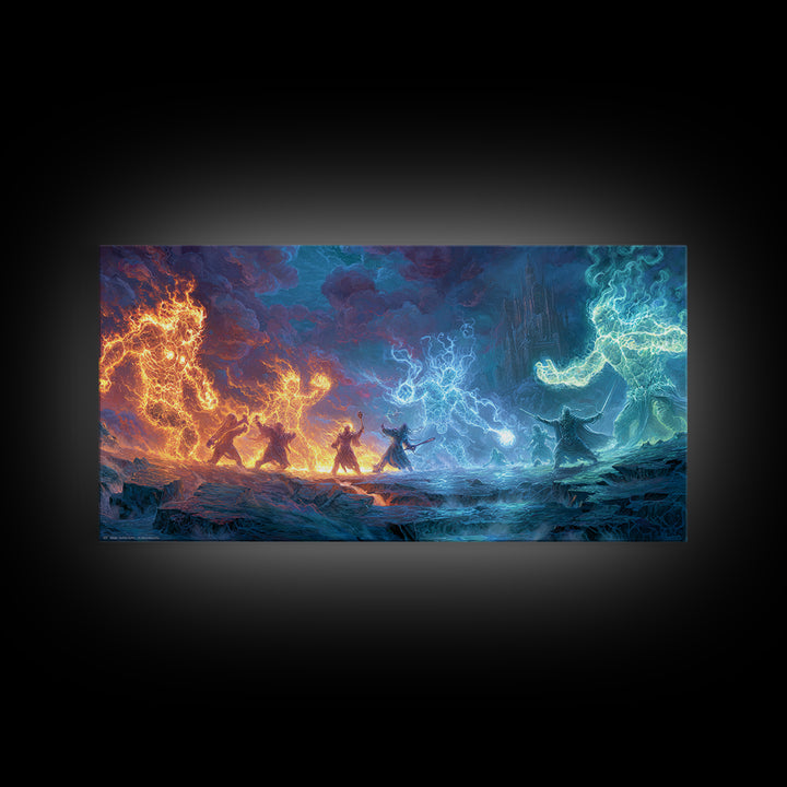 Elemental Dragon Battle Canvas Print, Fire And Ice Fantasy Wall Art, Epic Magic Warrior Decor, RPG Gamer Room Gift For Him