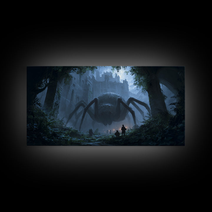 Giant Spider In Ruined Forest Canvas Print, Dark Fantasy Wall Art, Gothic Castle Decor, Creepy Dungeons And Dragons Gift