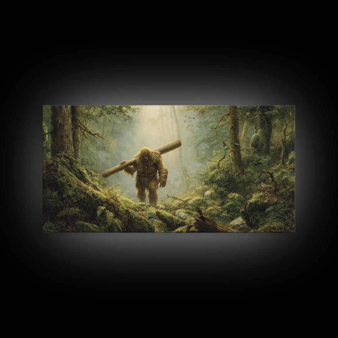 Bigfoot Carrying Log Through Mossy Forest Wall Art, Whimsical Wildlife Canvas Print, Cabin Decor, Fantasy Home Decor, Unique Gift