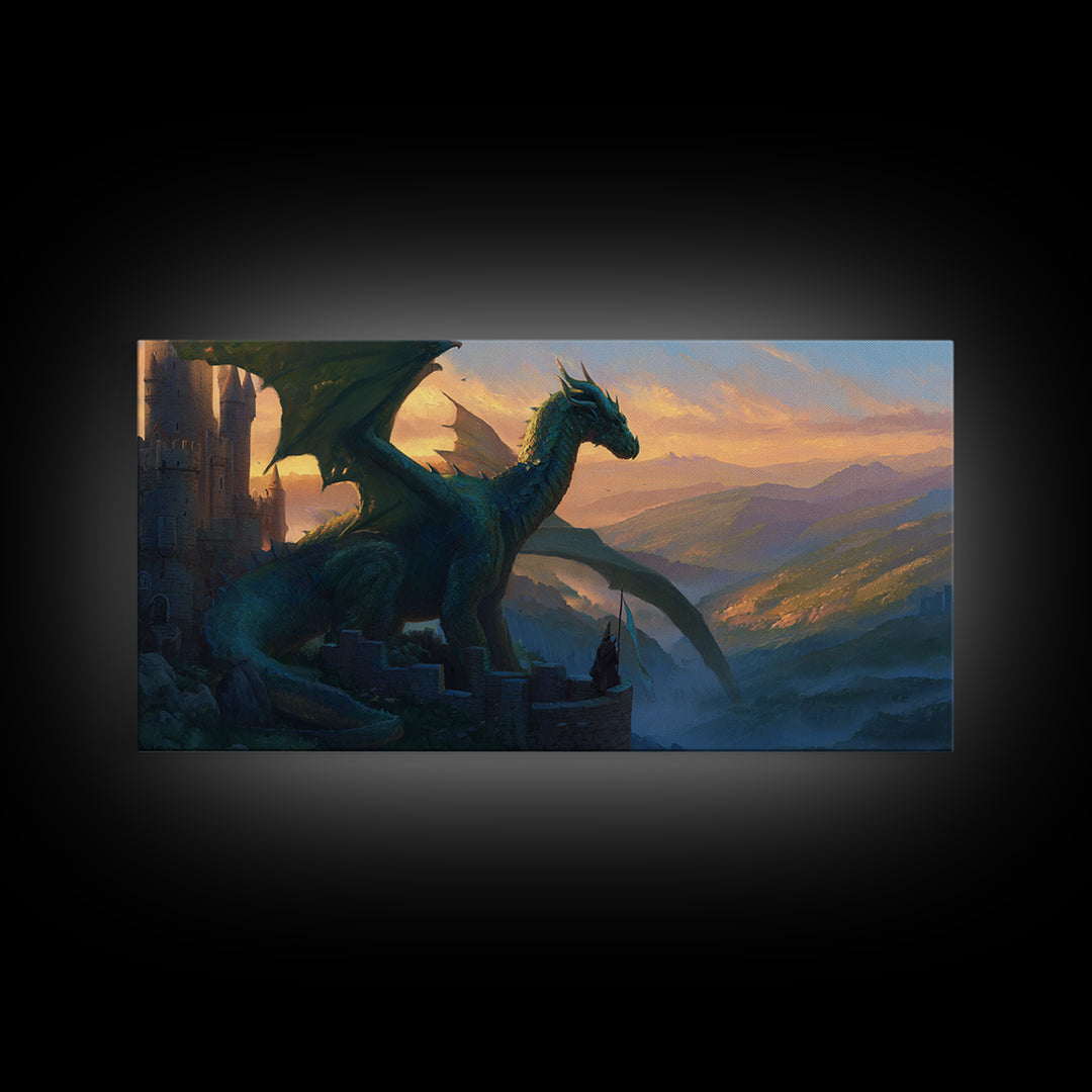 Emerald Dragon Castle Wall Art, Fantasy Landscape Canvas Print, Medieval Gothic Decor, Large Mythical Creature Artwork Gift
