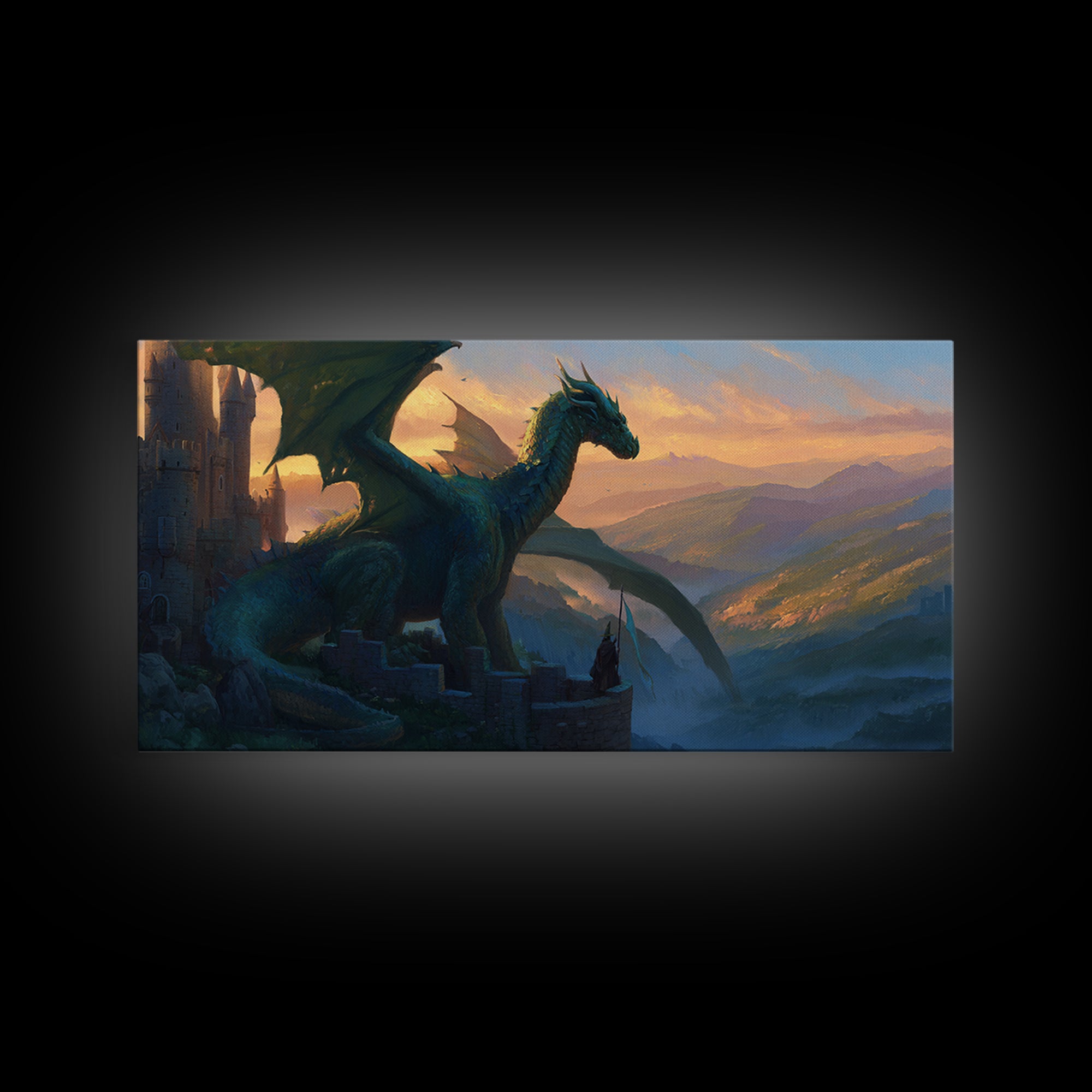 Emerald Dragon Castle Wall Art, Fantasy Landscape Canvas Print, Medieval Gothic Decor, Large Mythical Creature Artwork Gift