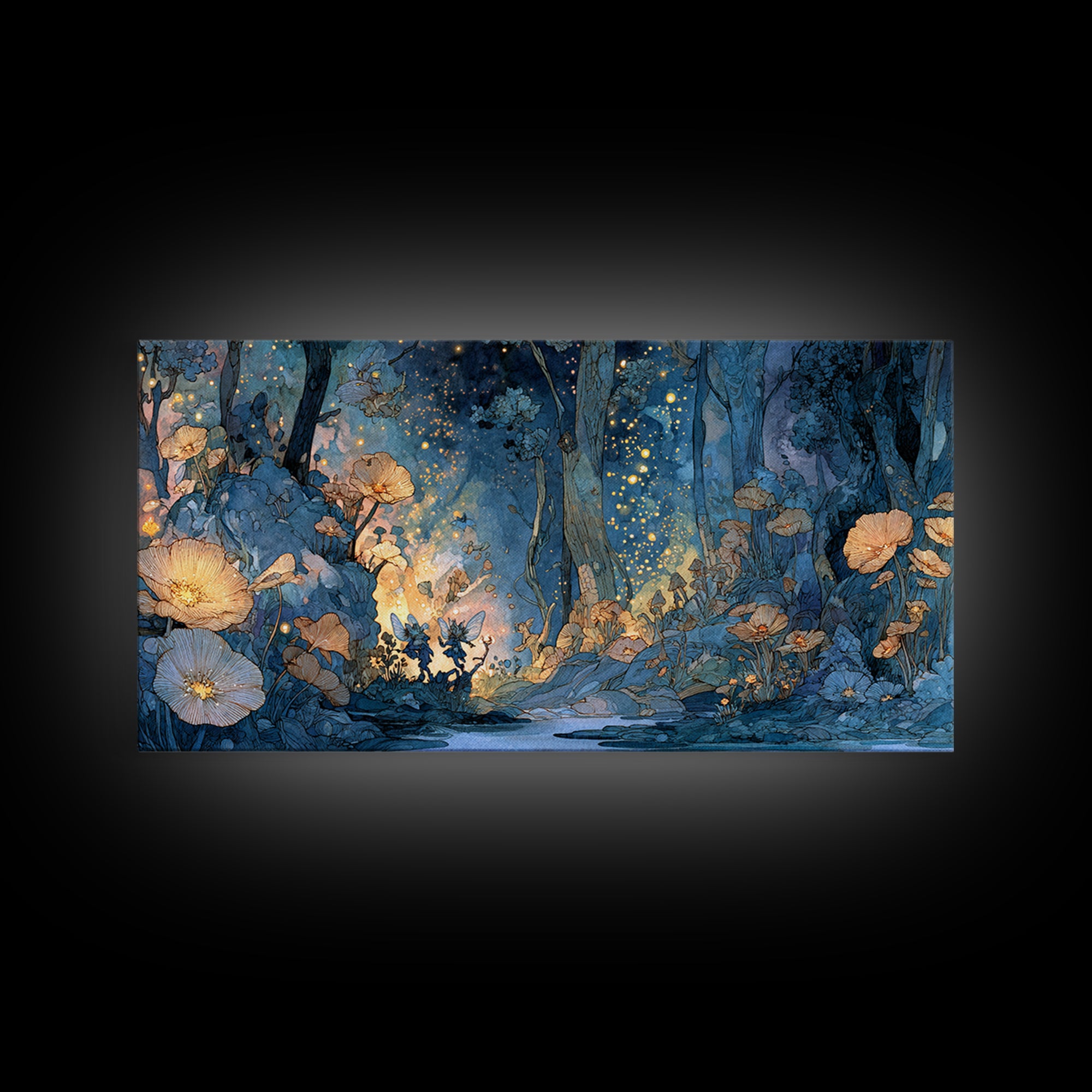 Glowing Blue Fairy Forest Canvas Print, Whimsical Floral Wall Art, Enchanted Woodland Decor, Firefly Fantasy Print, Nursery Wall Decor