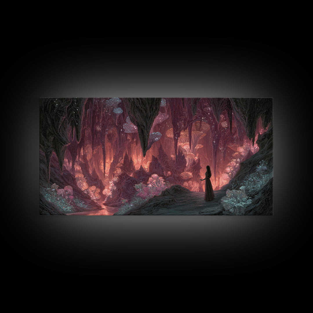 Glowing Crystal Mushroom Cave Wall Art, Magical Fantasy Canvas Print, Ethereal Decor, Whimsical Art, Goblincore Home Decor