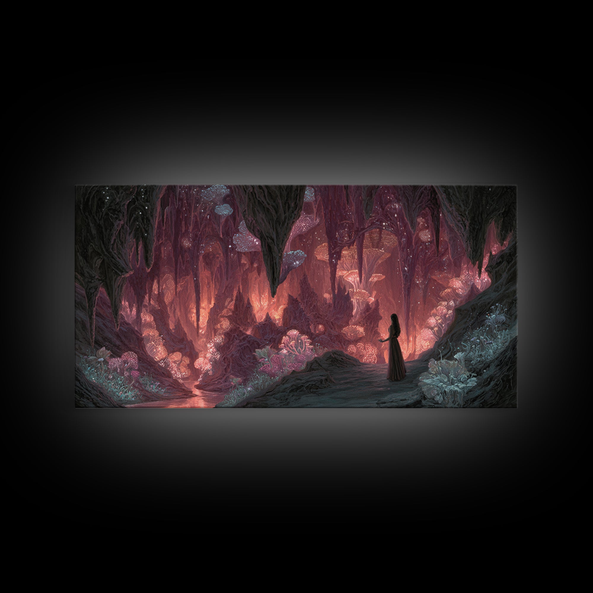 Glowing Crystal Mushroom Cave Wall Art, Magical Fantasy Canvas Print, Ethereal Decor, Whimsical Art, Goblincore Home Decor