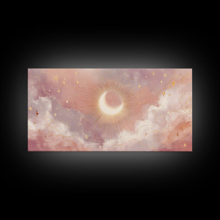 Glowing Solar Eclipse With Pink Clouds Wall Art, Celestial Canvas Print, Moon And Stars Decor, Dreamy Bedroom Decor Gift For Her