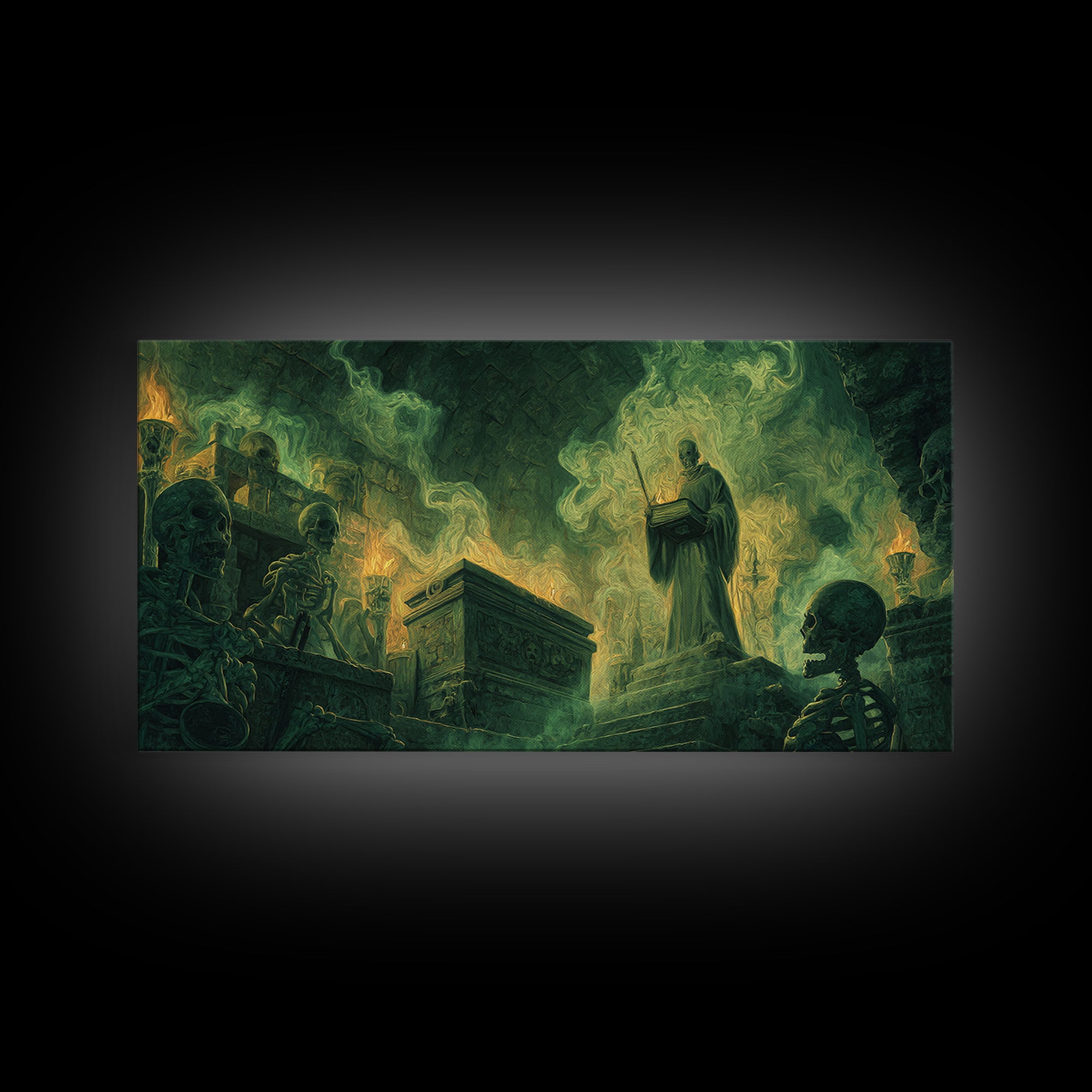 Green Necromancer Crypt Canvas Print, Skeleton Ritual Dark Fantasy Art, Gothic Wall Art, Occult Decor, Dungeons And Dragons Gift