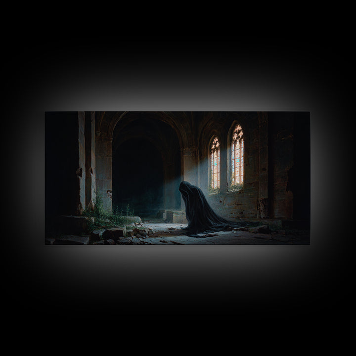 Hooded Figure In Ruined Gothic Cathedral Framed Canvas Print, Dark Academia Wall Art, Moody Spiritual Decor For Home Office