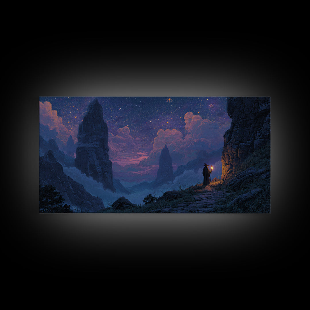 Starry Mountain Pass Canvas Print, Wizard Journey Wall Art, Fantasy Landscape Decor, Purple Night Sky Art Print For Bedroom
