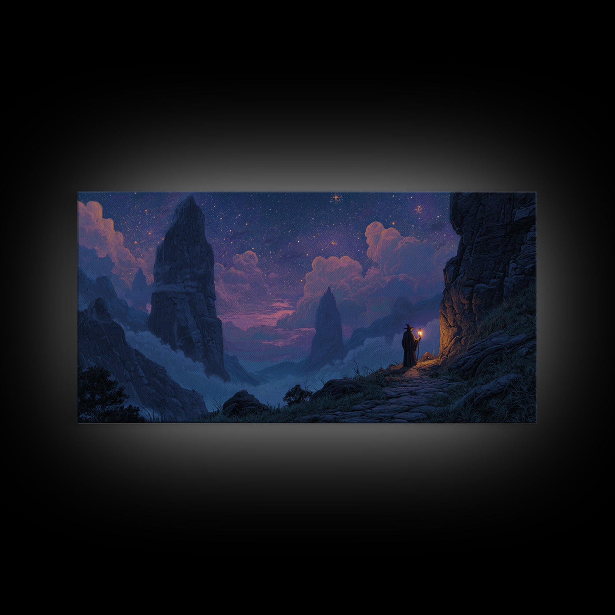 Starry Mountain Pass Canvas Print, Wizard Journey Wall Art, Fantasy Landscape Decor, Purple Night Sky Art Print For Bedroom