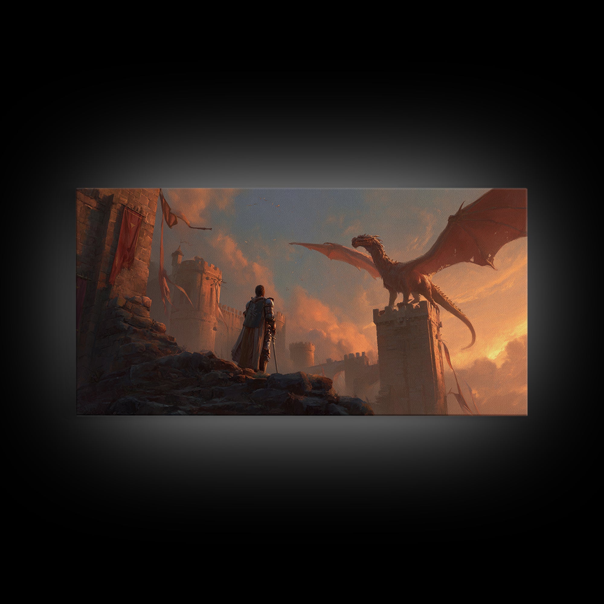 Dragon Over Castle Ramparts Canvas Print, Epic Fantasy Wall Art, Medieval Knight Decor, Dark Academia Gift For Him, Large Statement Artwork