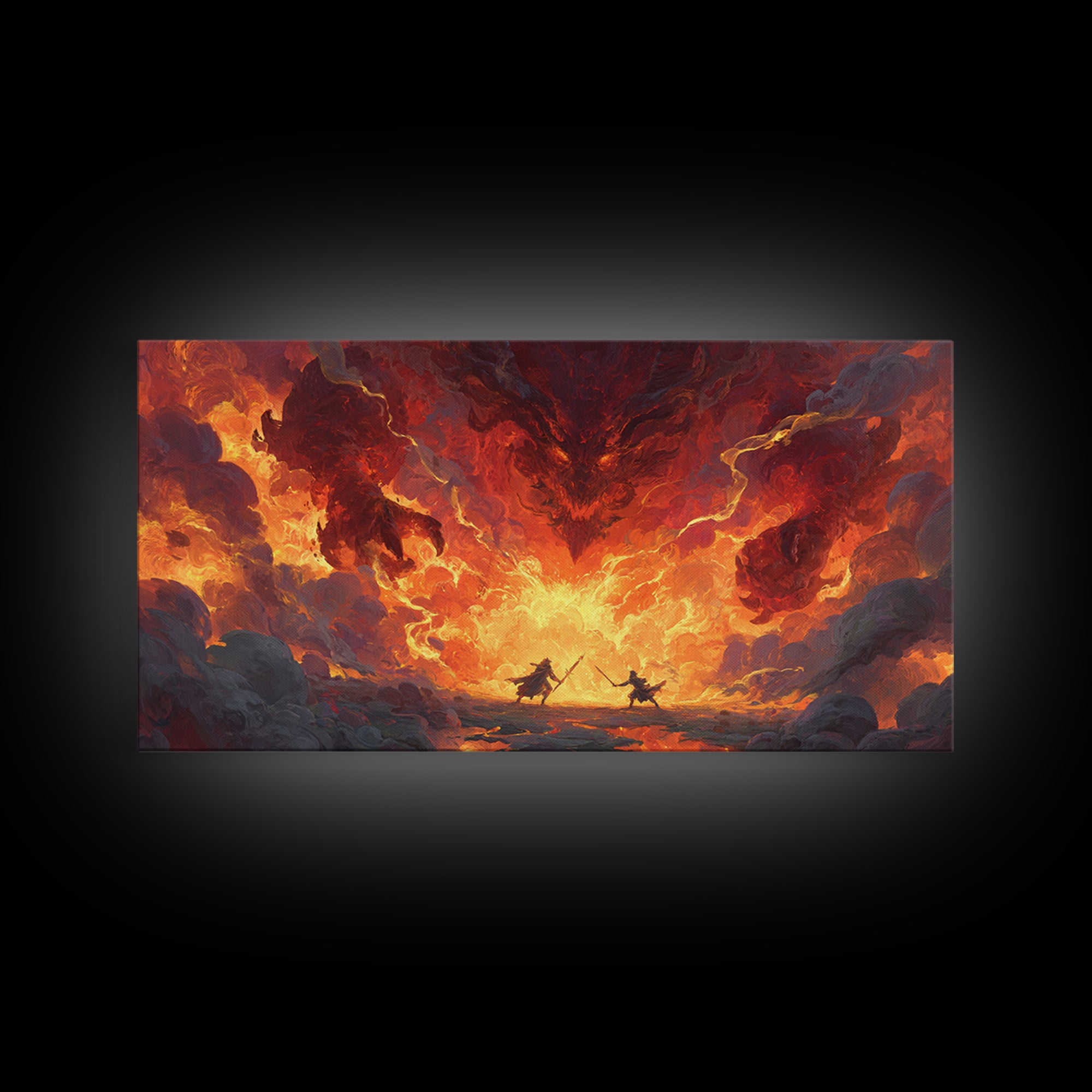 Fiery Demon Battle Scene Canvas Print, Dark Fantasy Wall Art, Dragon Artwork, Gothic Decor, Gaming Room Statement Art, Large Wall Art