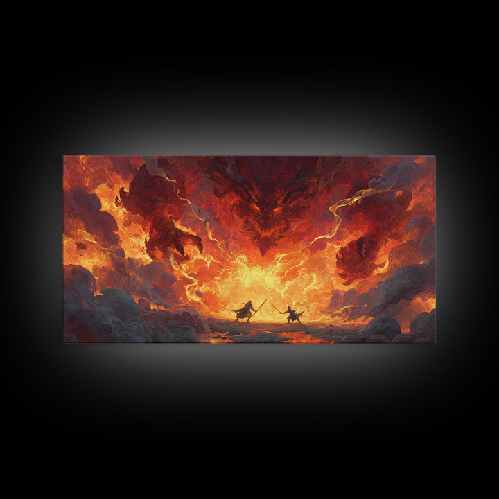 Fiery Demon Battle Scene Canvas Print, Dark Fantasy Wall Art, Dragon Artwork, Gothic Decor, Gaming Room Statement Art, Large Wall Art