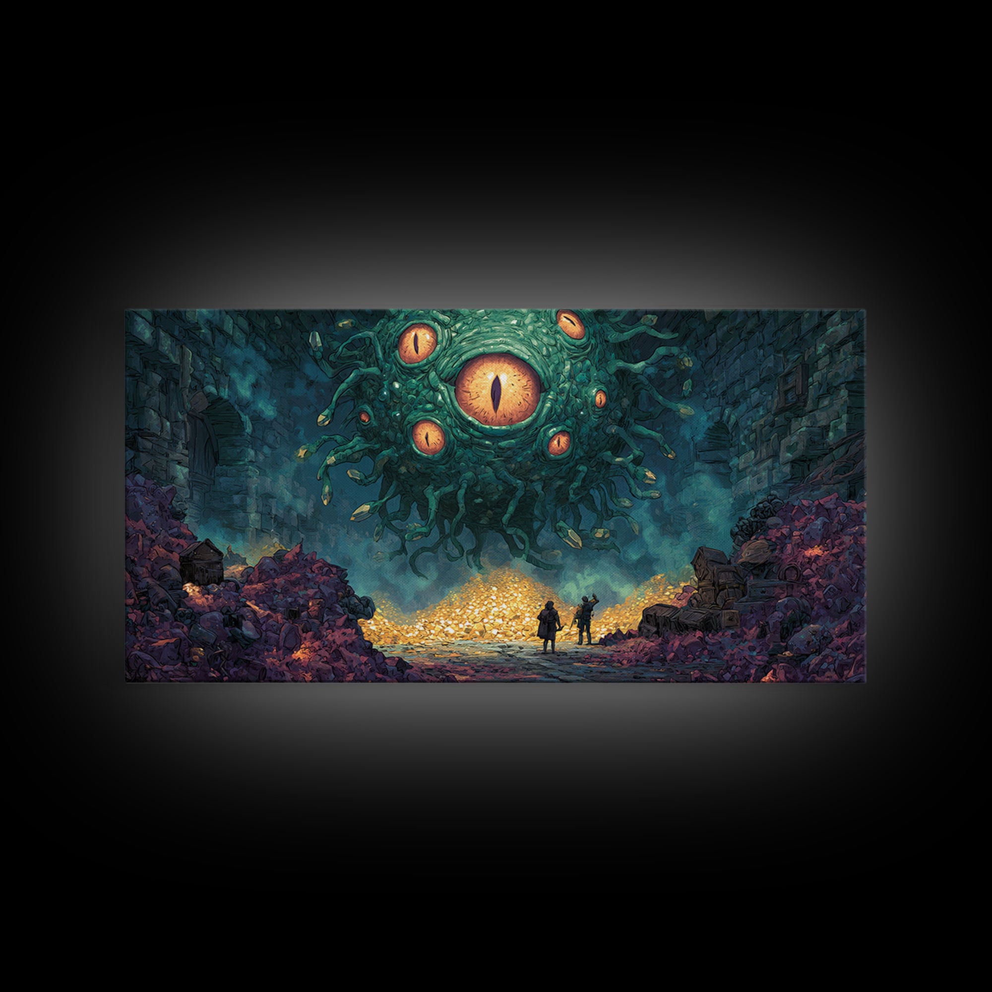 Floating Eyed Monster Over Gold Hoard Canvas Print, Dark Fantasy Wall Art, Dungeon Decor, Gaming Room Art, Gift For Gamer