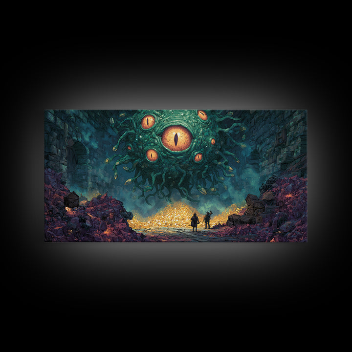Floating Eyed Monster Over Gold Hoard Canvas Print, Dark Fantasy Wall Art, Dungeon Decor, Gaming Room Art, Gift For Gamer