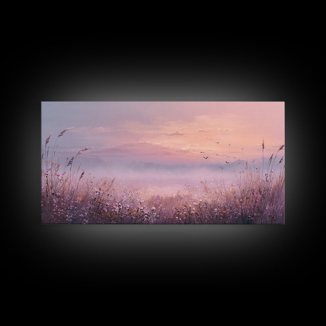 Misty Pink Sunrise Meadow Landscape Wall Art, Wildflower Canvas Print, Nature Wall Decor, Calming Bedroom Decor Gift For Her