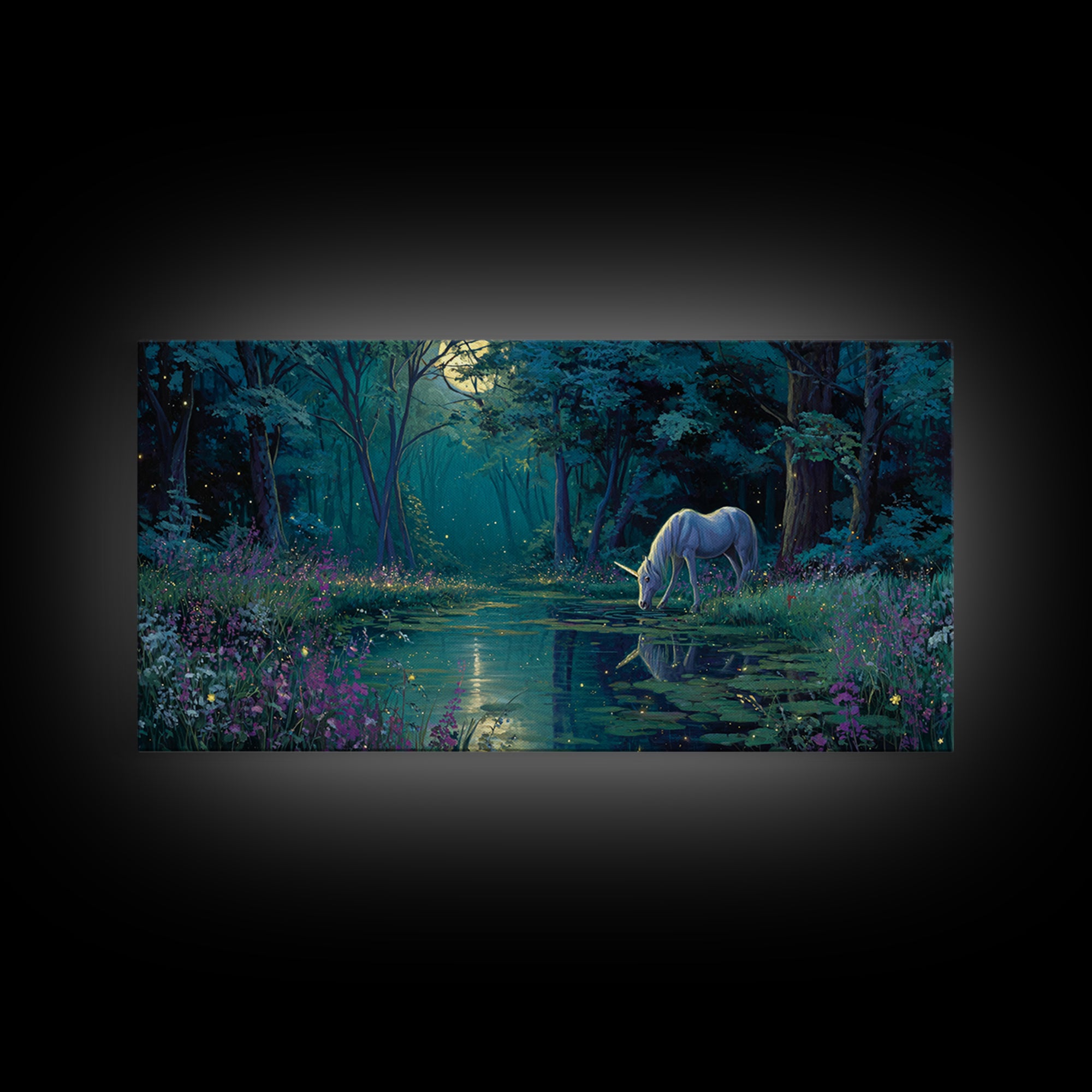 Moonlit Unicorn Forest Pond Wall Art, Enchanted Fantasy Landscape Canvas, Whimsical Nursery Decor, Magical Gift For Her Art