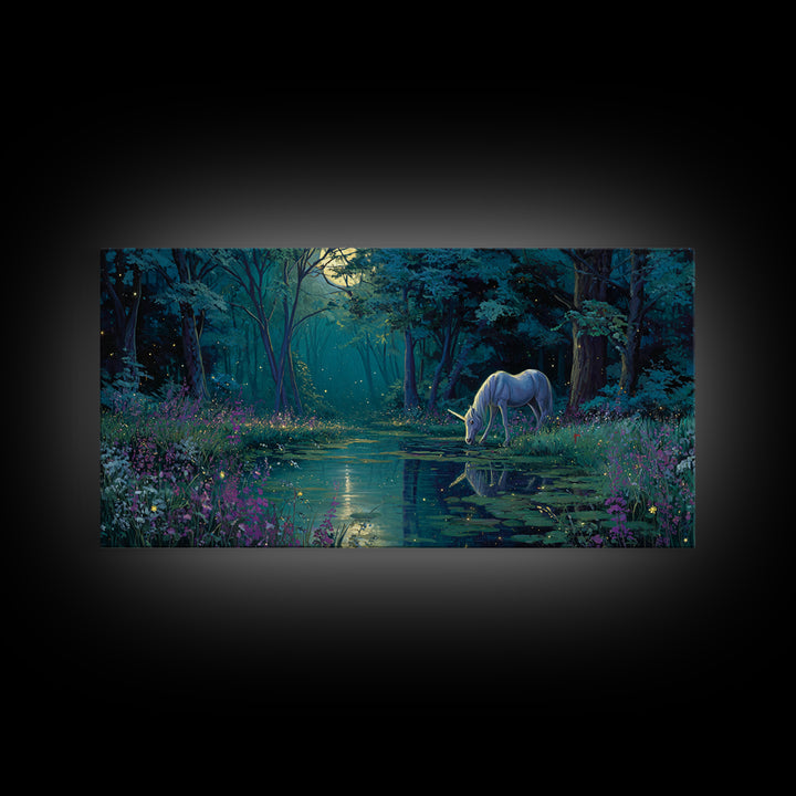 Moonlit Unicorn Forest Pond Wall Art, Enchanted Fantasy Landscape Canvas, Whimsical Nursery Decor, Magical Gift For Her Art
