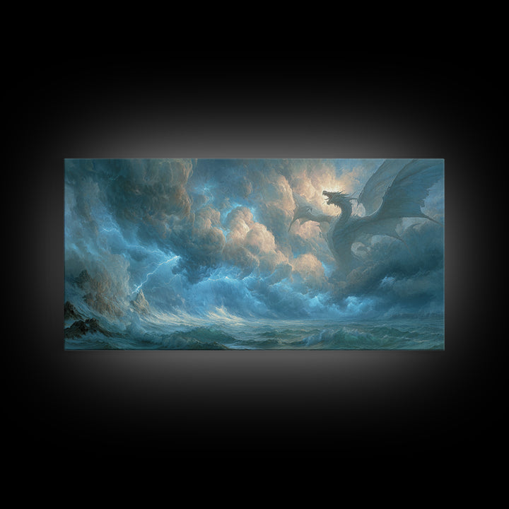 Storm Dragon Above Raging Ocean Canvas Print, Epic Fantasy Wall Art, Moody Seascape Decor For Living Room And Office Decor