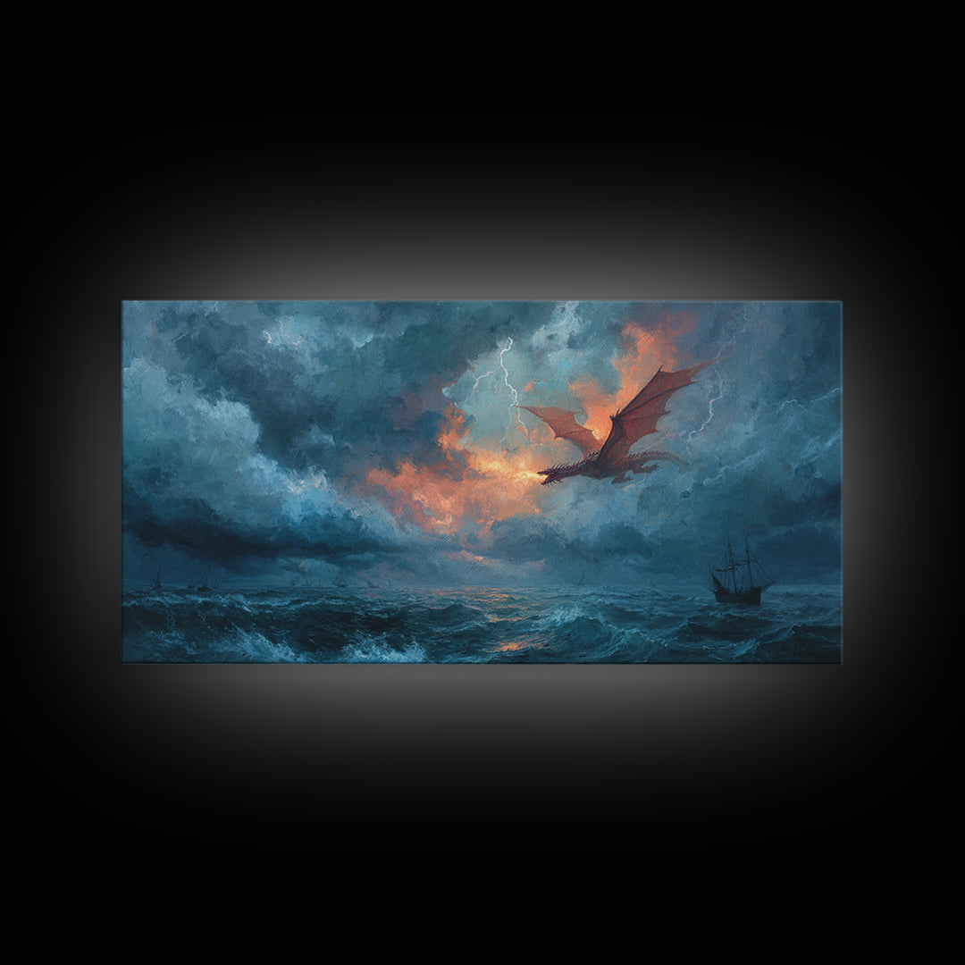 Storm Dragon Flying Over Ocean Ship Canvas Print, Fantasy Wall Art, Nautical Seascape Decor, Dramatic Coastal Art, Gift For Him