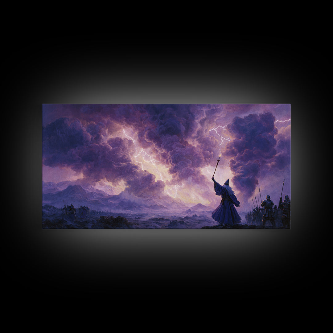 Wizard Lightning Storm Canvas Print, Epic Fantasy Wall Art, Dark Magic Battle Scene, Dramatic Landscape Decor For Game Room
