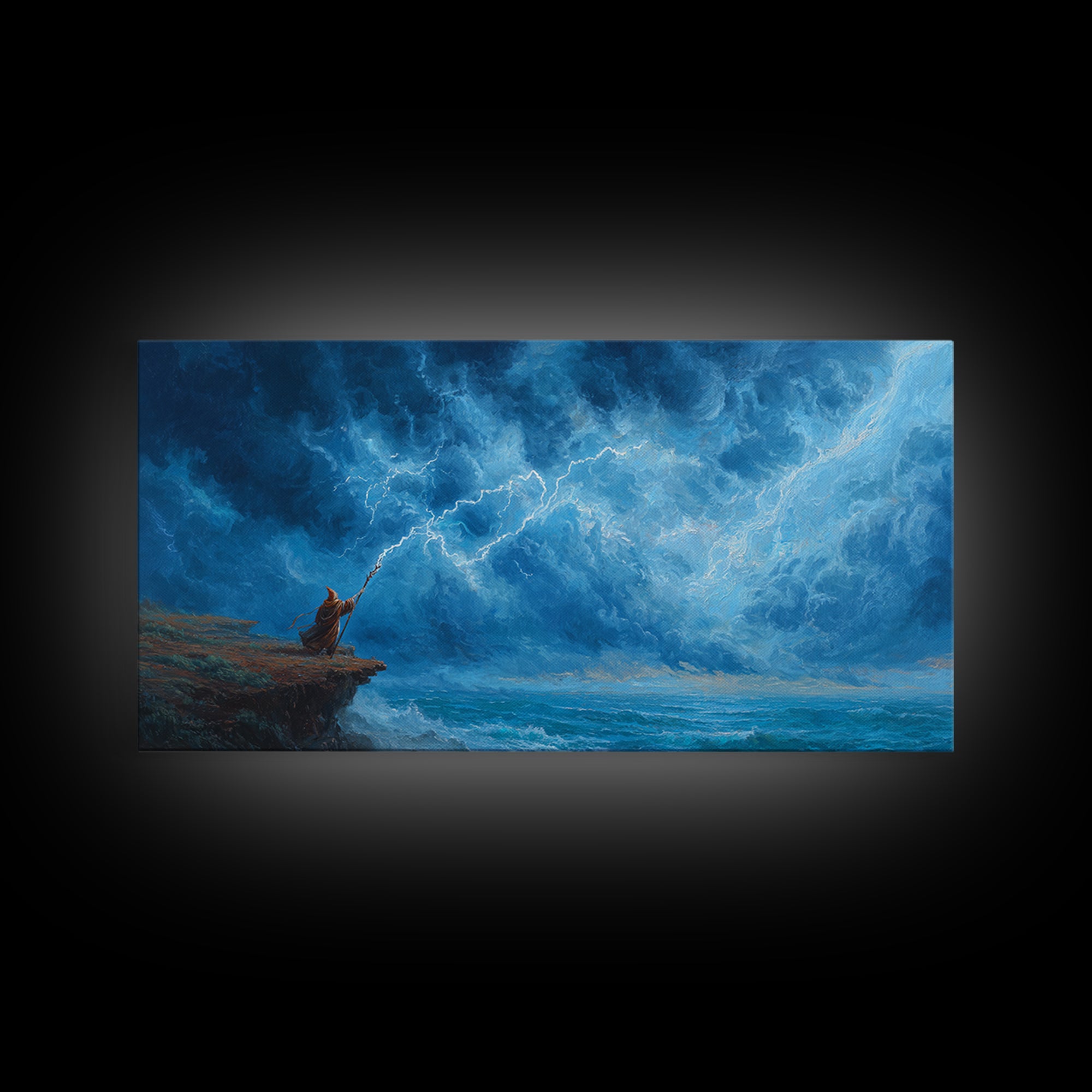 Lone Mage Facing Lightning Storm Wall Art, Fantasy Seascape Canvas, Blue Ocean Painting, Dramatic Large Wall Decor For Him