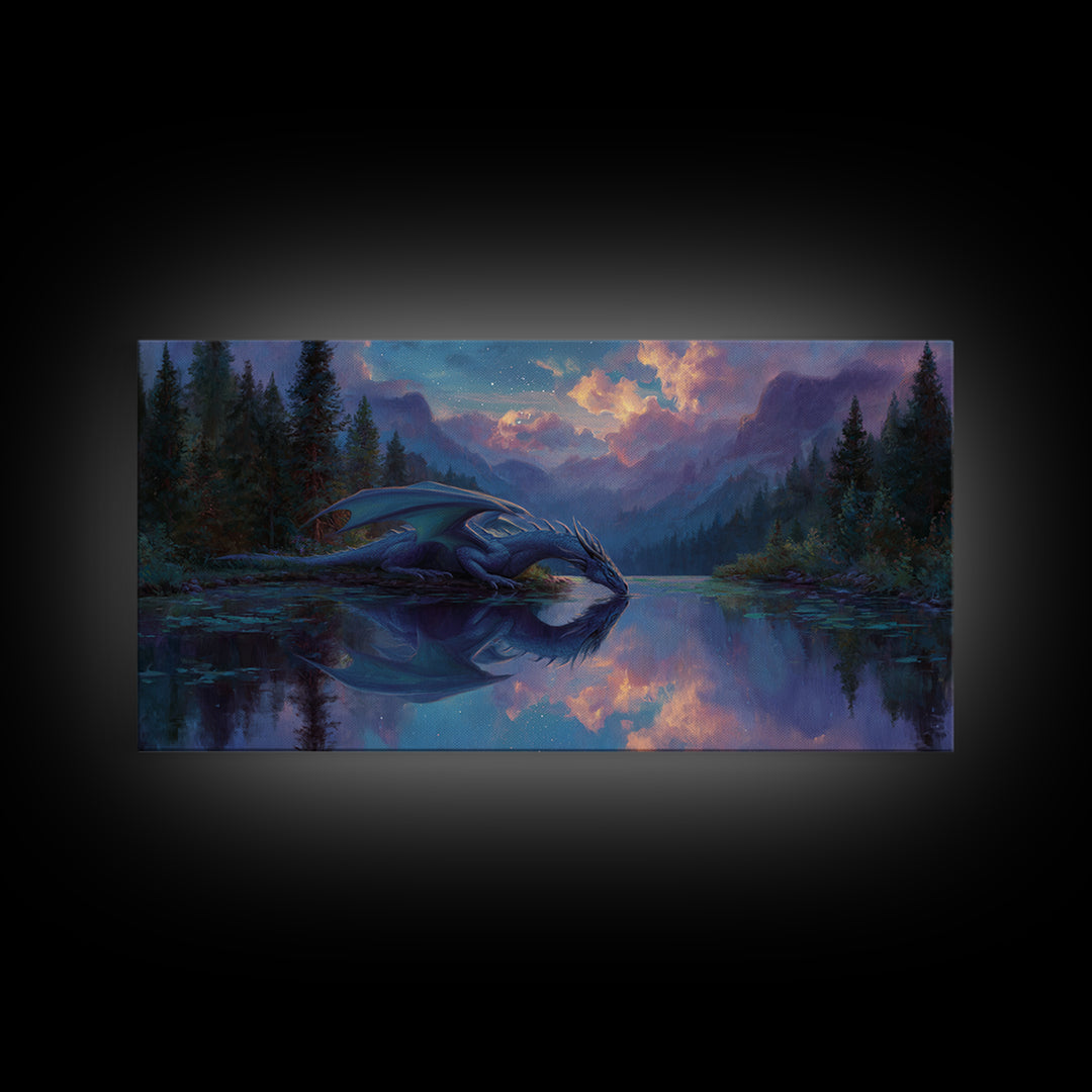 Blue Dragon Resting By Moonlit Lake Canvas Print, Fantasy Wildlife Art Print, Mystical Mountain Decor For Nursery Or Bedroom