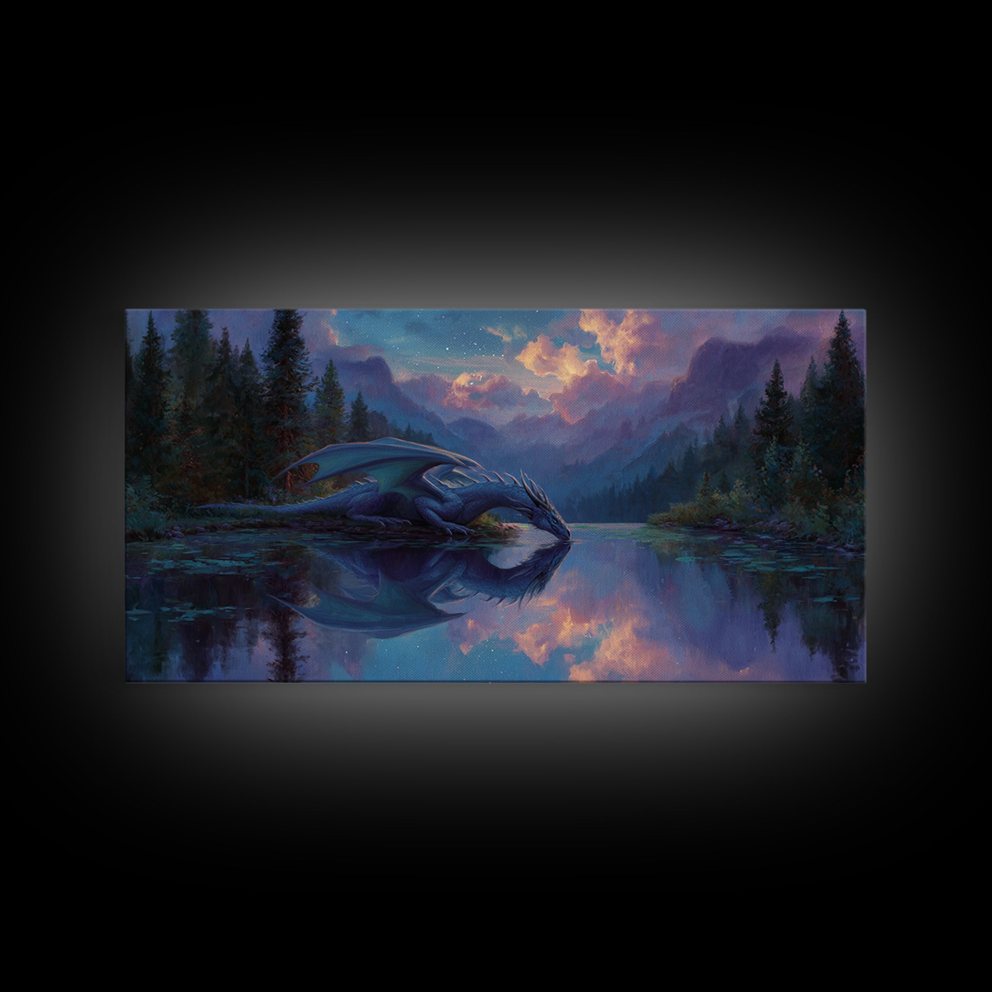 Blue Dragon Resting By Moonlit Lake Canvas Print, Fantasy Wildlife Art Print, Mystical Mountain Decor For Nursery Or Bedroom