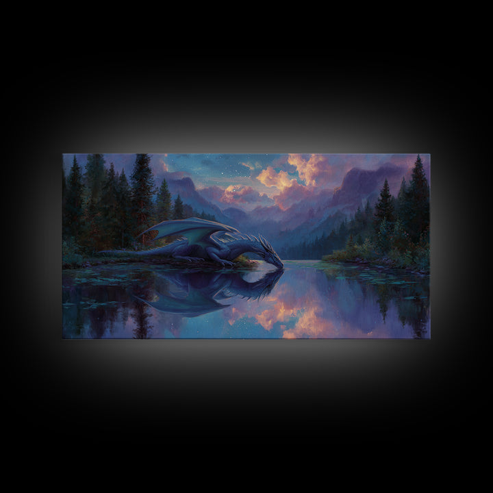 Blue Dragon Resting By Moonlit Lake Canvas Print, Fantasy Wildlife Art Print, Mystical Mountain Decor For Nursery Or Bedroom