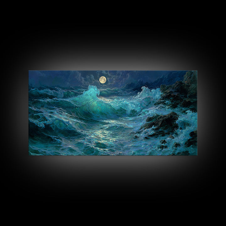 Moonlit Turquoise Ocean Waves Canvas Print, Coastal Wall Art, Seascape Painting, Nautical Decor, Moody Beach House Gift Idea