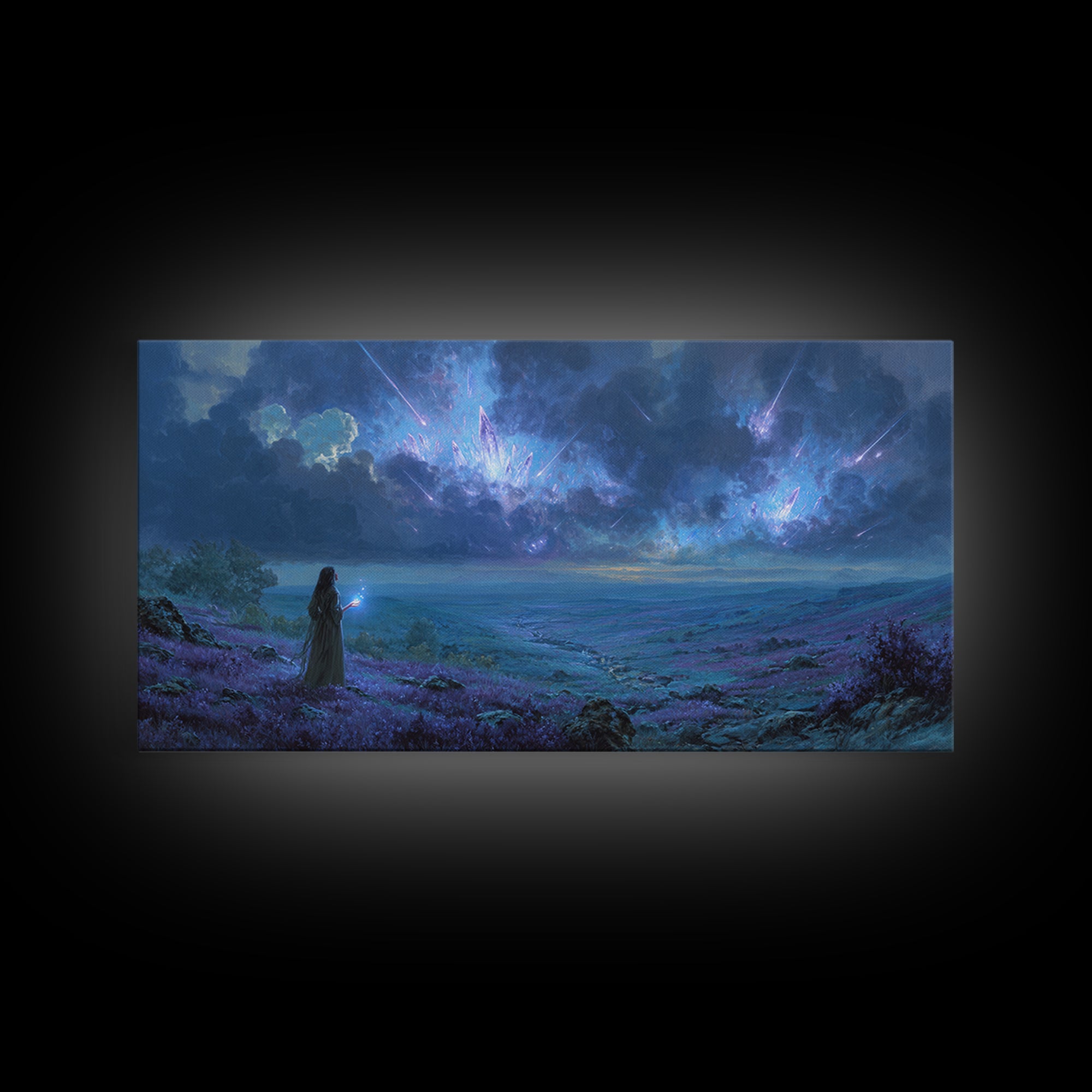 Cosmic Sorceress Under Meteor Sky Wall Art, Fantasy Landscape Canvas, Celestial Space Decor, Mystical Blue Home Decor Gift