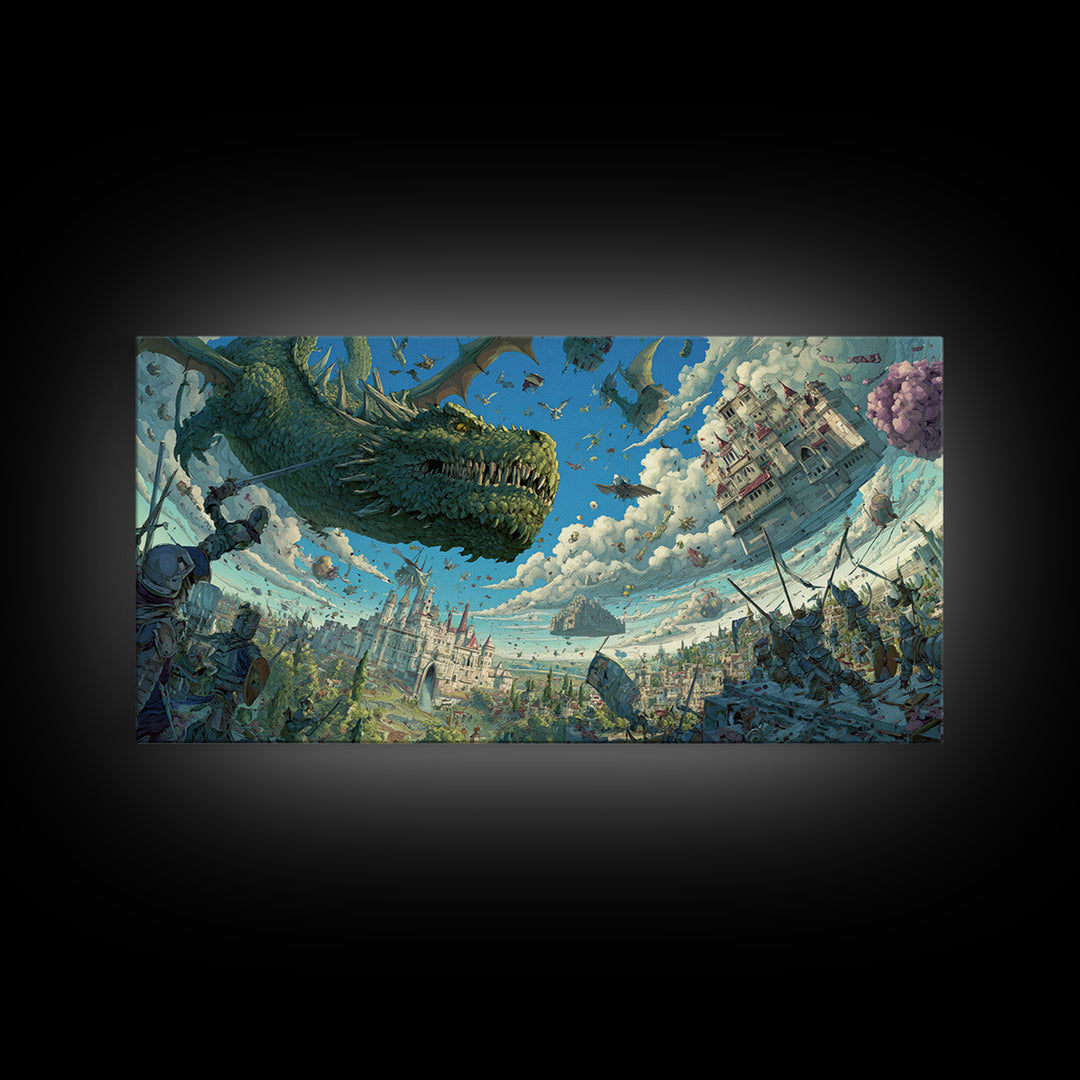 Skyborne Dragon Over Floating Castle Canvas Print, Whimsical Fantasy Wall Art, Surreal Art Print, Kids Room Decor, Nursery Decor