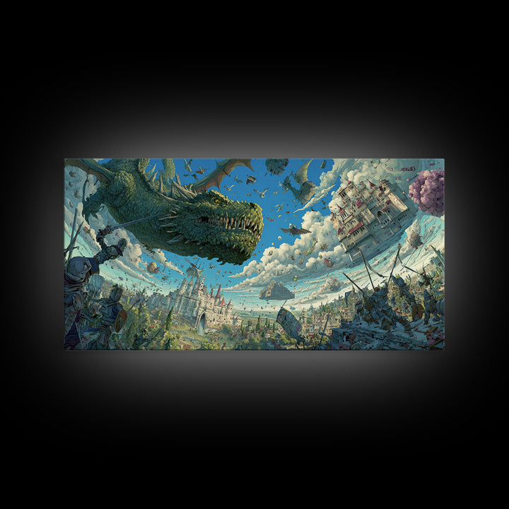 Skyborne Dragon Over Floating Castle Canvas Print, Whimsical Fantasy Wall Art, Surreal Art Print, Kids Room Decor, Nursery Decor