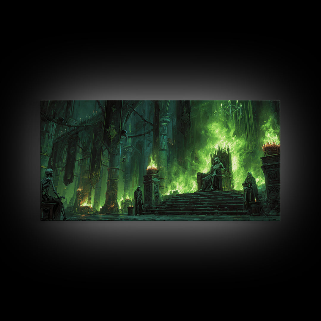 Emerald Gothic Throne Room With Skeletons Canvas Print, Dark Fantasy Art, Moody Wall Decor, Surreal Statement Art For Living Room