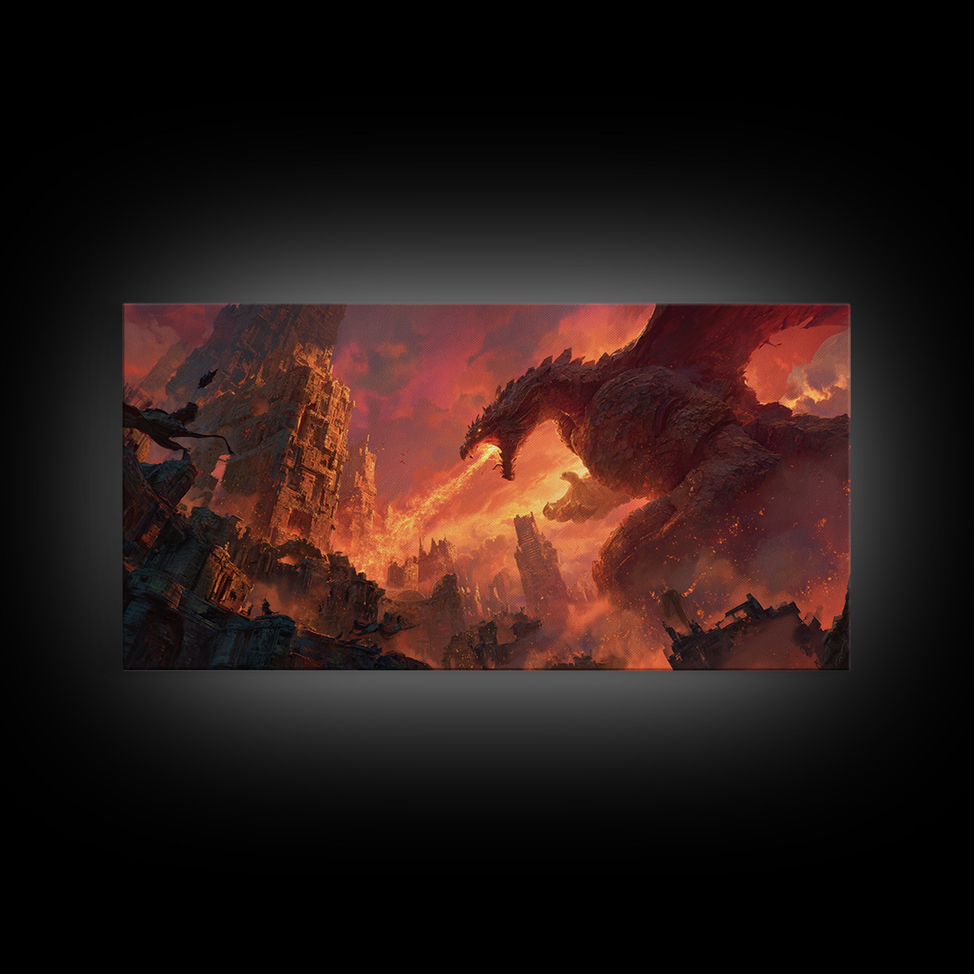 Fire Breathing Dragon Over Ruined City Canvas Print, Dark Fantasy Wall Art, Apocalyptic Decor, Gaming Room Statement Art