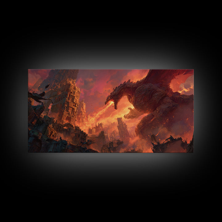 Fire Breathing Dragon Over Ruined City Canvas Print, Dark Fantasy Wall Art, Apocalyptic Decor, Gaming Room Statement Art