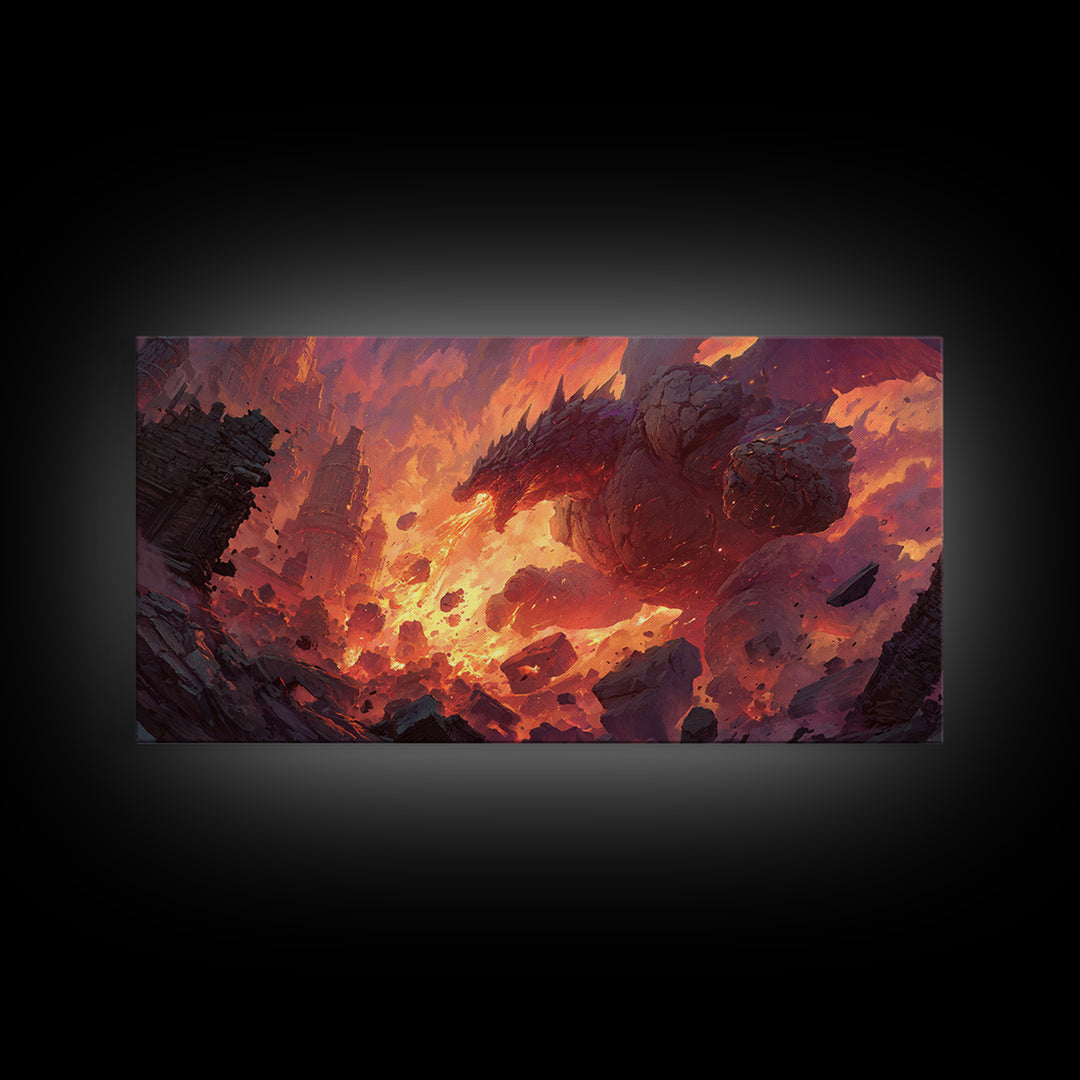 Fire Dragon Rising From Ruins Wall Art, Dark Fantasy Canvas Print, Epic Mythical Decor For Gamer Room And Statement Wall