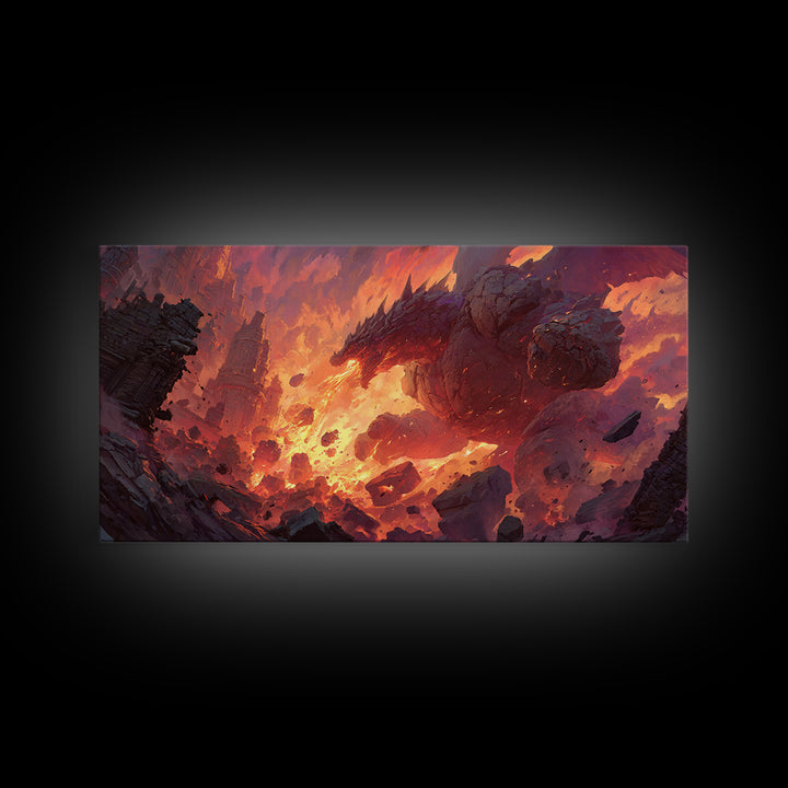 Fire Dragon Rising From Ruins Wall Art, Dark Fantasy Canvas Print, Epic Mythical Decor For Gamer Room And Statement Wall