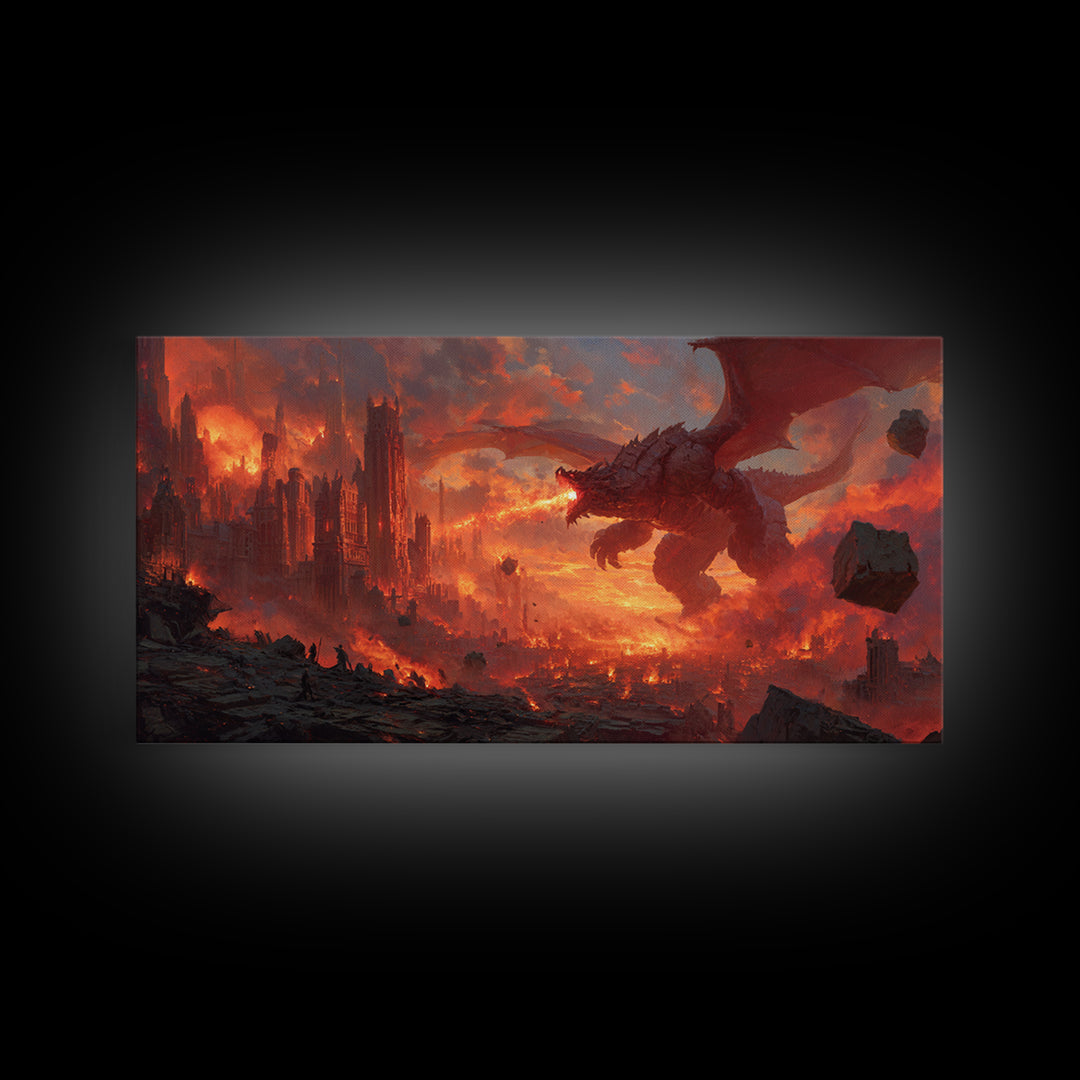 Fire Breathing Dragon Over Burning City Canvas Print, Dark Fantasy Wall Art, Epic Gothic Decor, Gaming Room Gift For Him