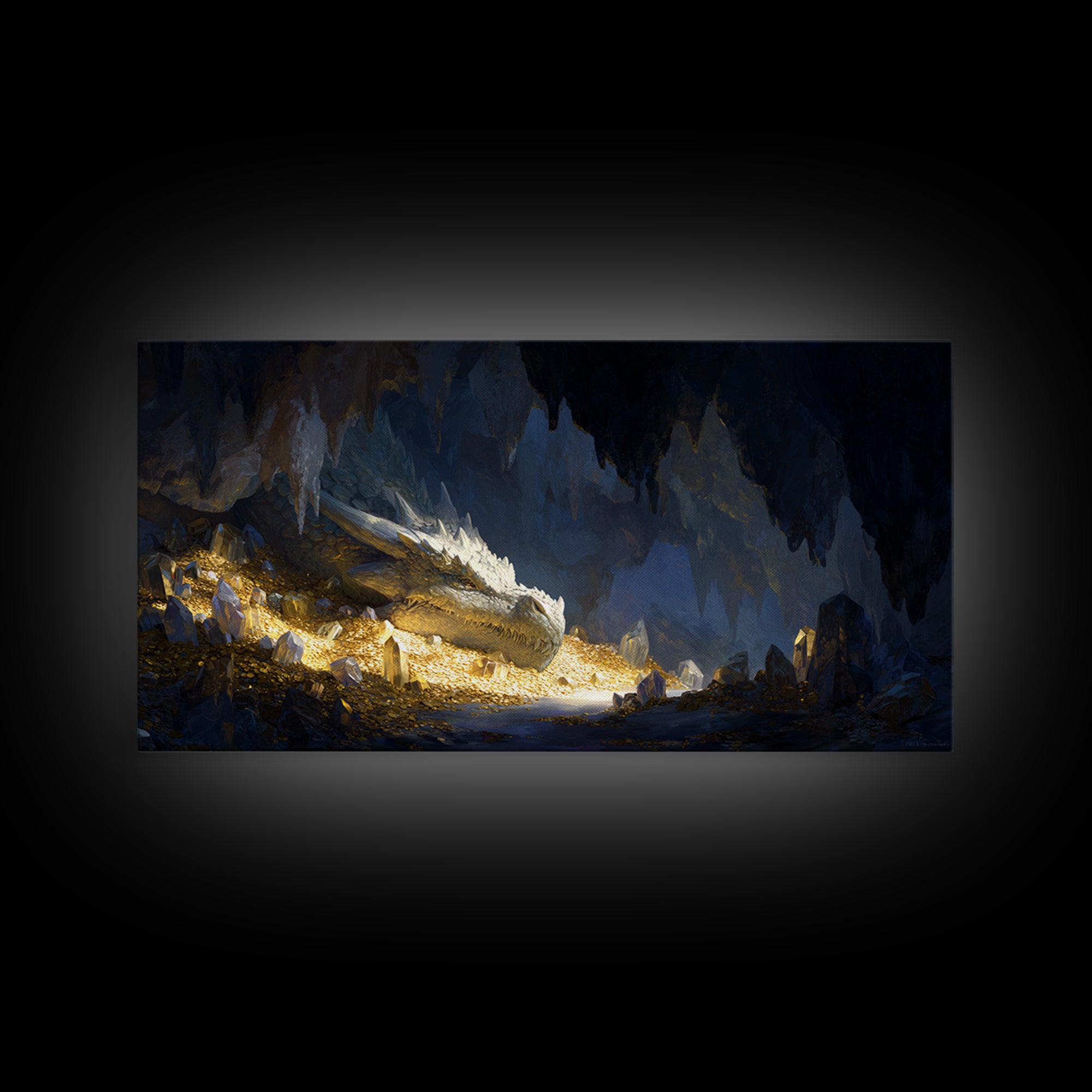 Sleeping Dragon In Golden Cave Wall Art, Fantasy Canvas Print, Mythical Creature Decor, Dark Academia Home Decor, Gift For Him