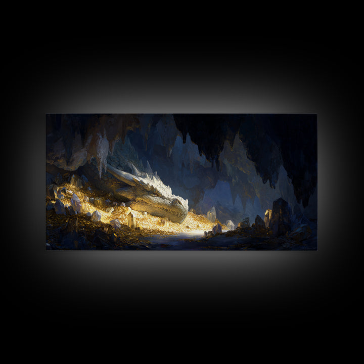 Sleeping Dragon In Golden Cave Wall Art, Fantasy Canvas Print, Mythical Creature Decor, Dark Academia Home Decor, Gift For Him