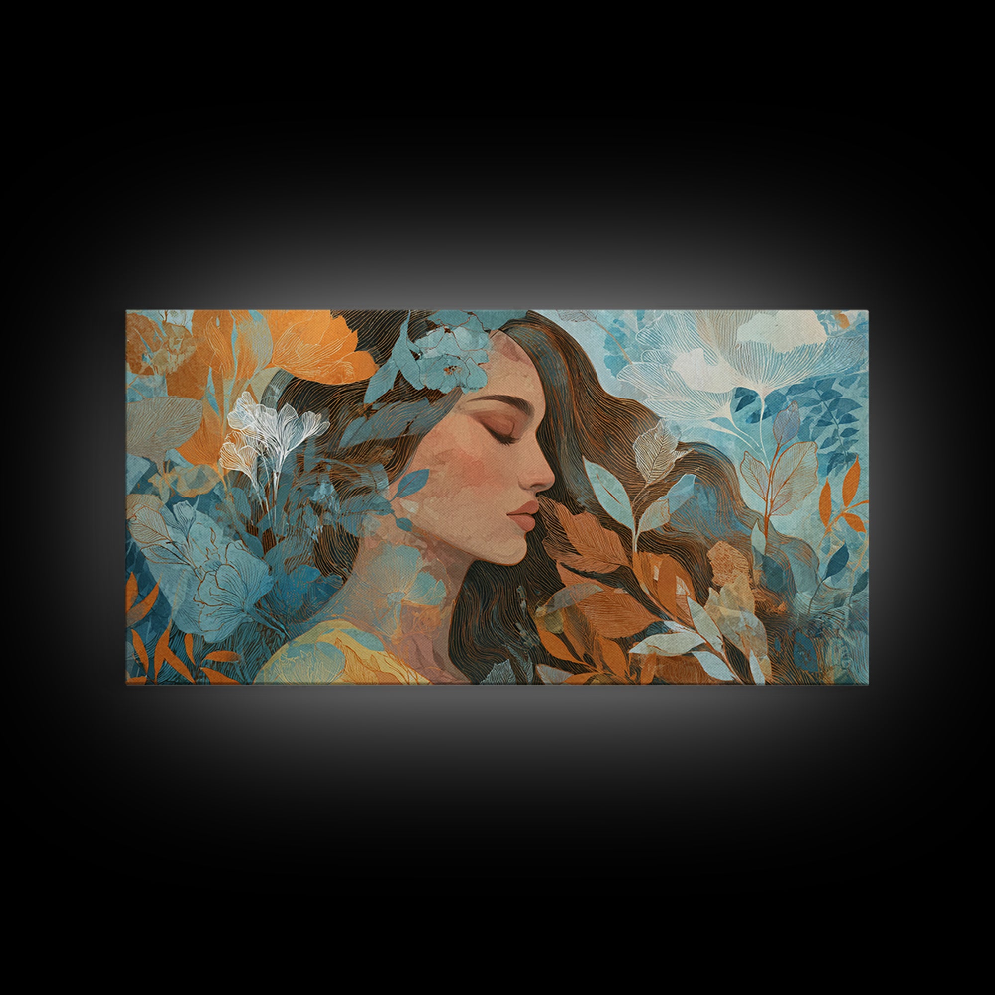Serene Woman With Blue Botanicals Canvas Print, Abstract Floral Portrait, Modern Wall Art For Living Room Decor, Gift For Her