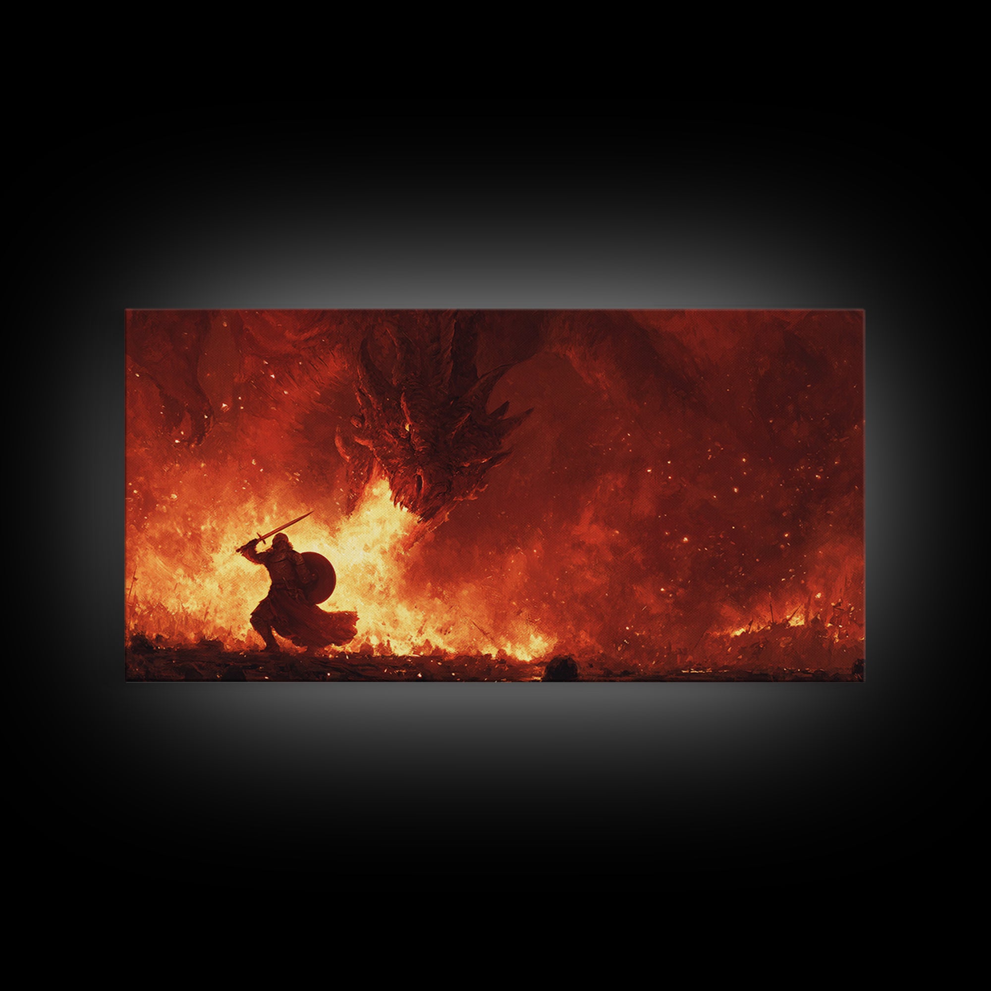 Dragon Fire Battle Canvas Print, Epic Fantasy Wall Art, Warrior Vs Dragon Painting, Dark Fantasy Home Decor Gift For Gamer Room