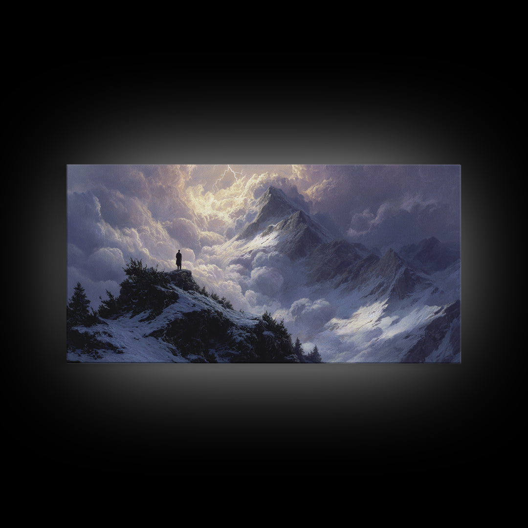 Stormy Snow Mountain Landscape Wall Art, Dramatic Alpine Canvas Print, Moody Nature Decor, Adventure Gift For Him, Living Room Decor