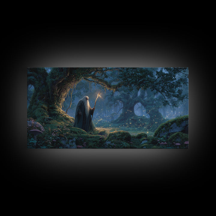 Wizard In Moonlit Enchanted Forest Canvas Print, Fantasy Wall Art, Magical Woodland Decor For Cozy Reading Nook Gift For Her
