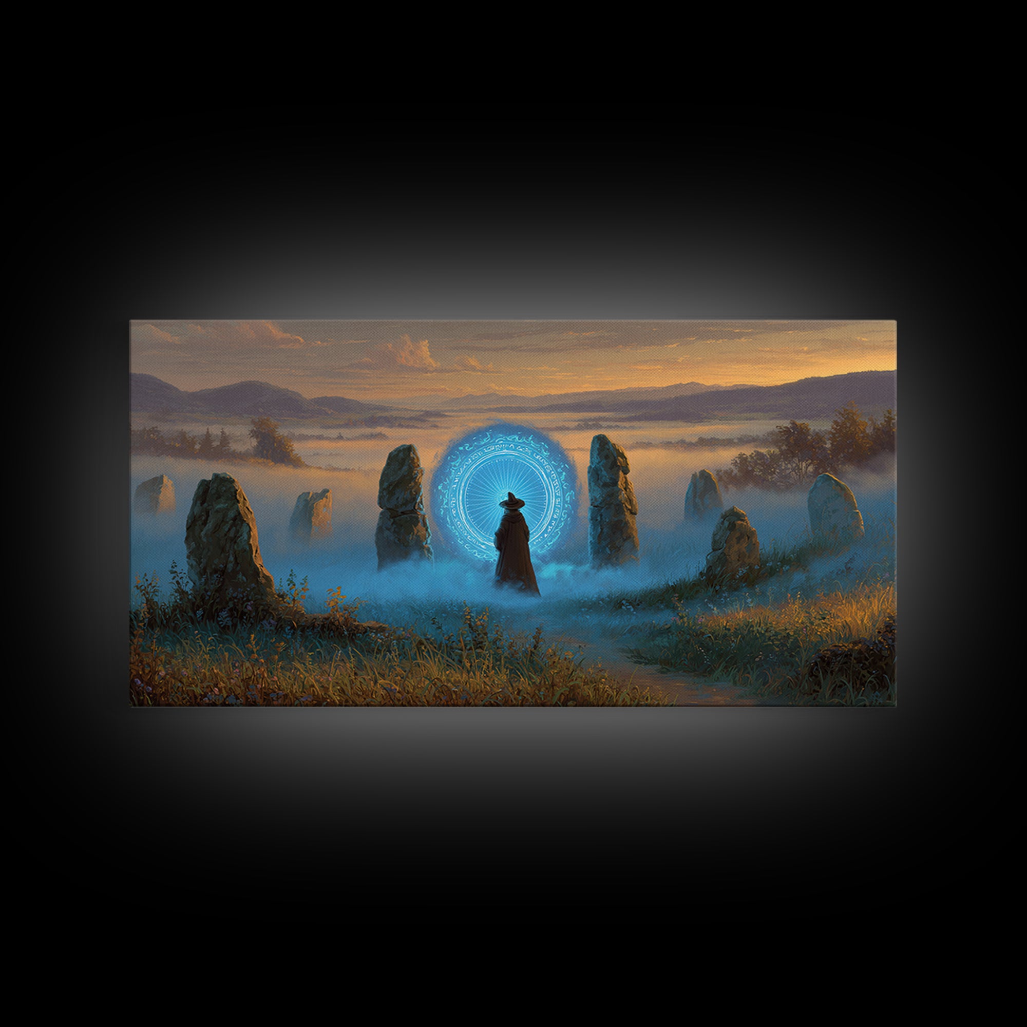 Mystic Portal Stone Circle Canvas Print, Blue Magical Landscape Wall Art, Fantasy Decor, Witchy Celestial Art Print Gift